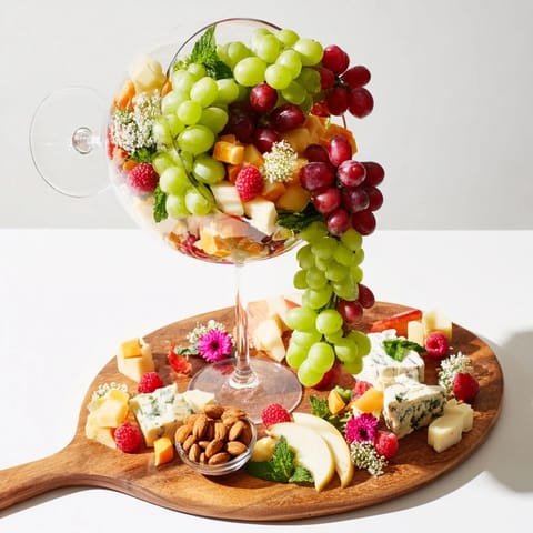A delicious Champagne Waterfall Board with fresh fruits and nuts spilling onto the serving platter.