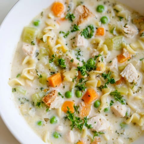 Here are the 3 ALT texts for the Chicken Pot Pie Pasta Soup: