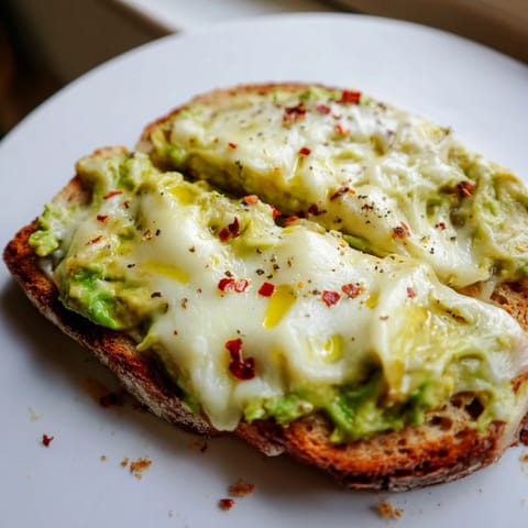 Ein Avocado Mozzarella Tartine auf knusprigem Sauerteigbrot mit geschmolzenem Mozzarella, Basilikum und einem Spritzer Zitrone.