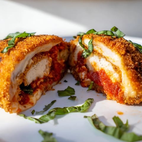 Freshly assembled Crispy Chicken Parm Wrap next to a small bowl of marinara dipping sauce.