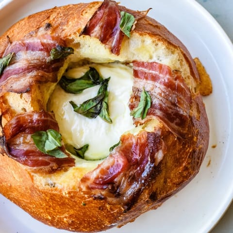 Crispy Prosciutto & Burrata Grilled Cheese on golden sourdough with melty cheese and crisp bacon.