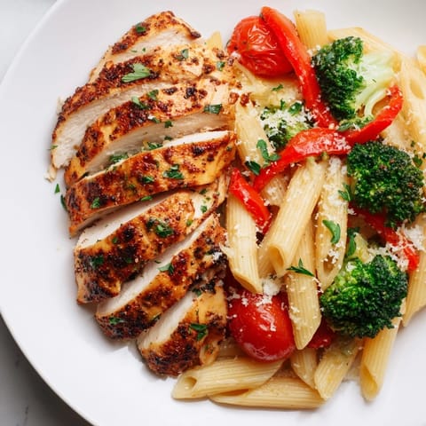 Garlic Herb Chicken & Veg Pasta mit saftigem Hähnchen und buntem Gemüse auf Penne.