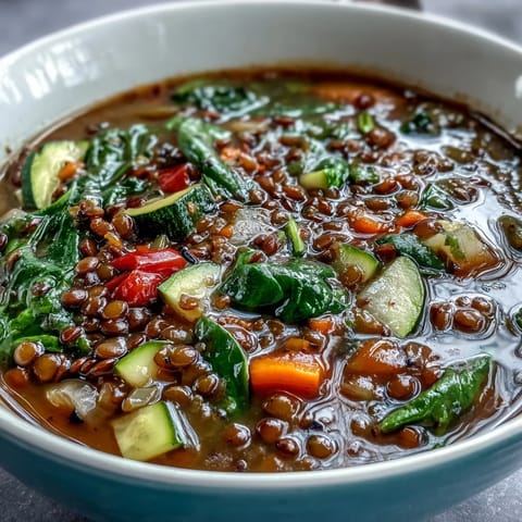 Dampfende Linsen-Gemüsesuppe, perfekt für eine herzhafte Mahlzeit.