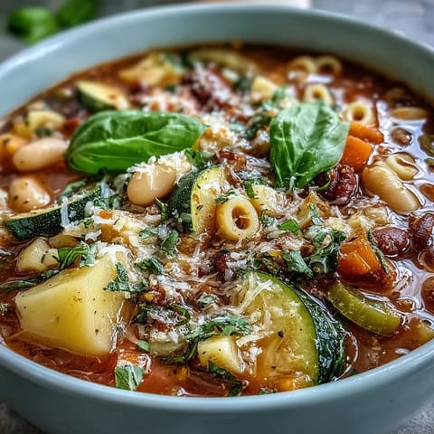 Schüssel voller heißer Minestrone Gemüsesuppe, bereit zum Garnieren mit Parmesan.