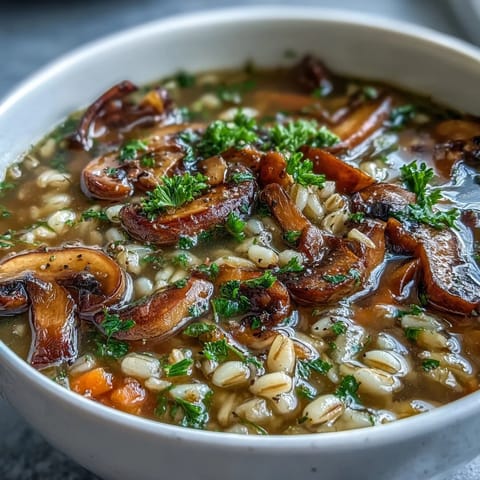 Ein rustikaler Blick auf den Pilz-Gersten-Eintopf, perfekt zum Aufwärmen an kalten Tagen.