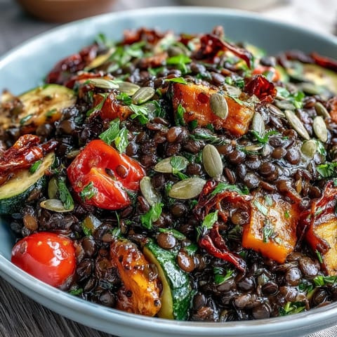 Nahrhafter Schwarze Linsensalat mit Kürbiskernen und Feta, serviert auf hellem Teller.