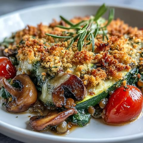 Golden-brown Green Lentil and Vegetable Casserole served hot and bubbling from the oven.