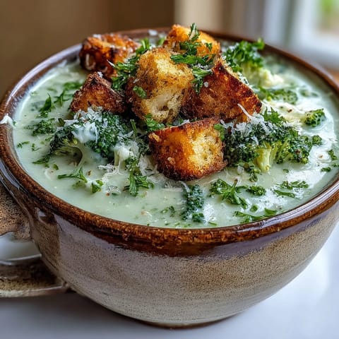 Eine cremige Cauliflower and Broccoli Soup dampfend heiß, gewürzt mit Thymian und Oregano.