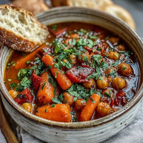 Rotes Ofen Spicy Chickpea Stew dampft in einem Topf, garniert mit frischem Koriander und Zitronenspalten, serviert mit knusprigem Brot.