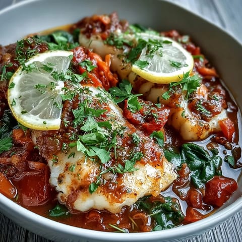 Spiced Cod One Pot mit weichem Fisch, buntem Gemüse und würziger Tomatensauce, frisch gegrillt und auf einem Teller serviert.