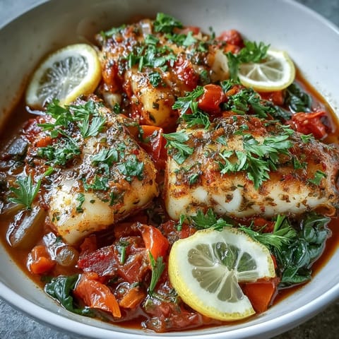 Spiced Cod One Pot zeigt duftende Gewürze, saftige Paprika und Spinat, perfekt für schnelle Abendessen in einem Topf.