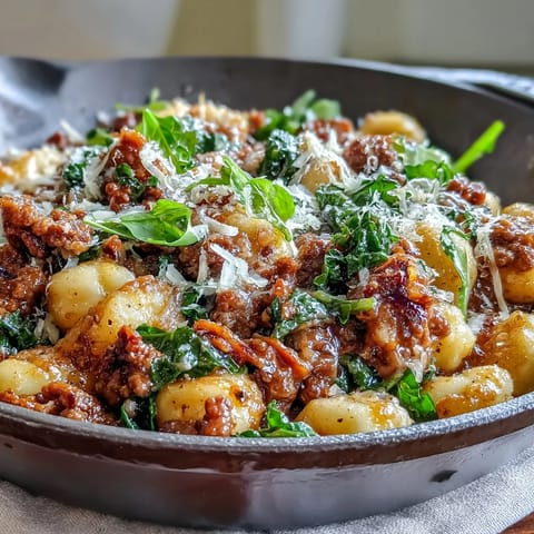 Hearty Sausage Gnocchi with Kale in a spicy tomato sauce, perfect weeknight dinner.