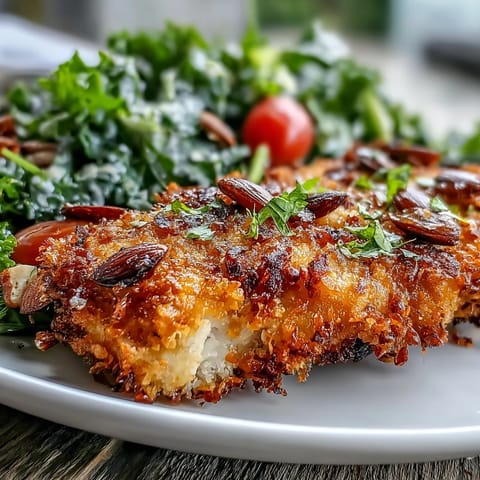 Golden-brown, gluten-free chicken sits beside a marinated kale and sumac salad.