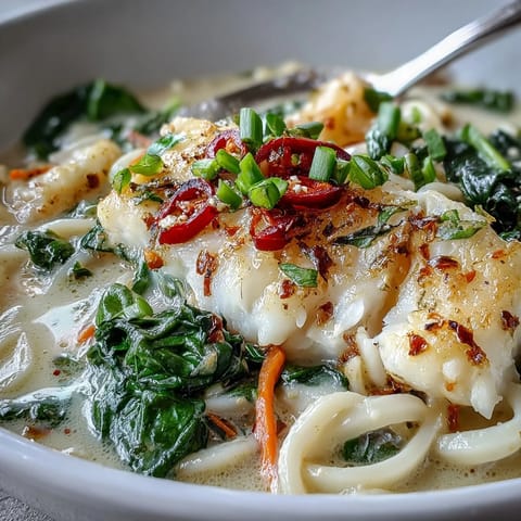Silky udon noodles and tender Poached Cod With Spiced Coconut Broth and Udon Noodles in a steaming coconut curry broth, close-up view