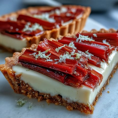 Ein gestapeltes Dessert aus Rhubarb, White Chocolate, and Elderflower Tart mit knusprigem Tartboden und rhabarberbelegter Oberseite