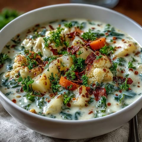 Creamy Vegetarian Cauliflower Chowder in rustic bowls topped with parsley and melted cheddar.