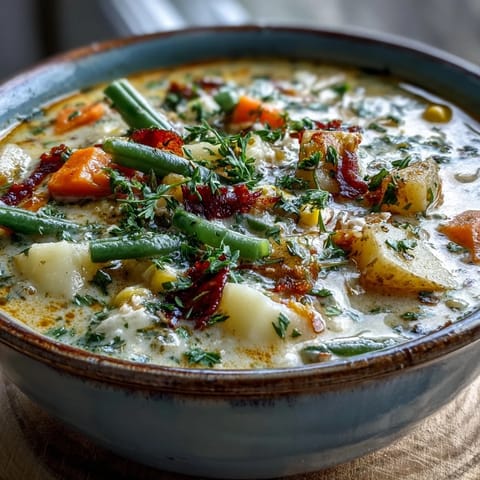 Amish Snow Day Soup in einer tellerhohen Schüssel mit frischer Petersilie und Sahnespuren