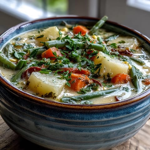 Gedünstetes Amish Snow Day Soup mit Sahne, Thymian und knusprigem Brot am Fenster