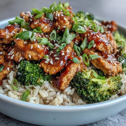 Scharfe Sweet and Spicy Turkey Broccoli Bowls mit knusprigem Brokkoli, frischem Ingwer und garniert mit Sesam und Frühlingszwiebeln.