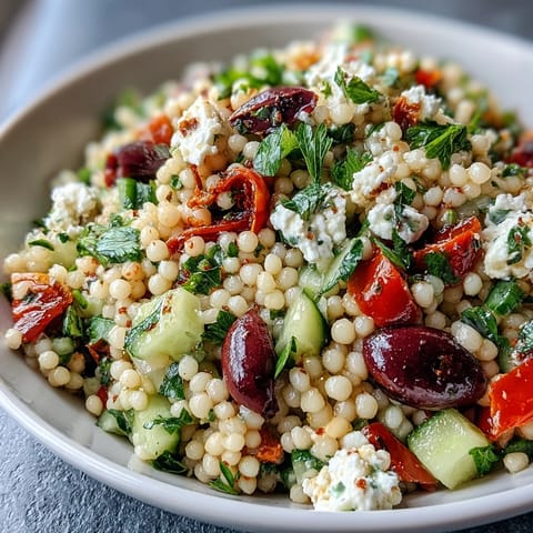 A close-up of Mediterranean Pearl Couscous with crunchy cucumber, sweet bell pepper, and briny olives glistening in oregano vinaigrette.