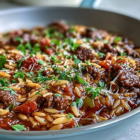 Bubbling Comforting Ground Beef Orzo Dinner in a skillet with sweet bell peppers, topped with melted Parmesan and fresh parsley.