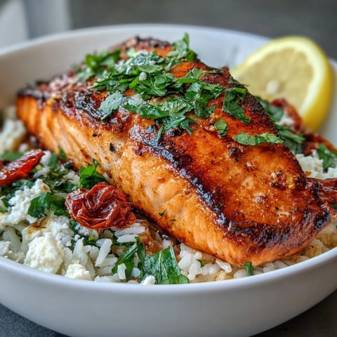 Pan-seared salmon atop crispy rice in a Mediterranean Salmon Bowl, with colorful baby bell peppers and sun-dried tomatoes for a vibrant, wholesome meal.