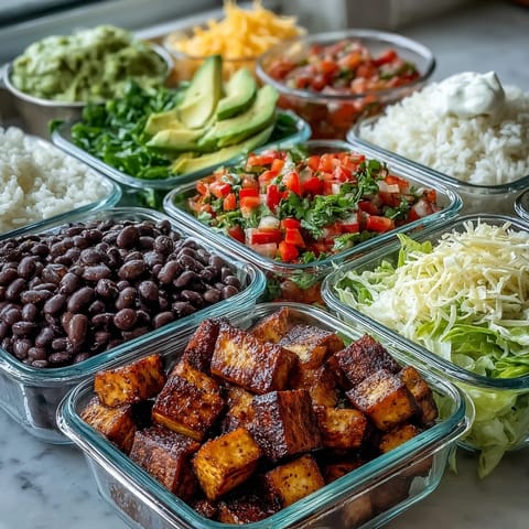 Gefüllte Meal Prep Burrito Bowl mit fluffyem Reis, schwarzen Bohnen, Hähnchenbruststreifen und knackigem Gemüse, frisch angerichtet.