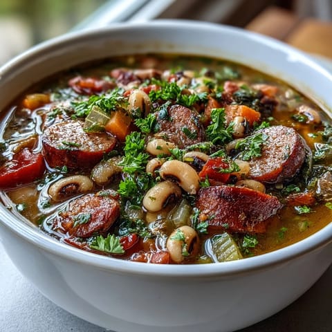 Hearty Black-Eyed Peas and Sausage Soup simmering in a rustic pot with vibrant diced vegetables and fresh parsley garnish.