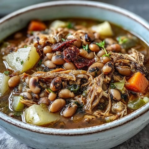 Hearty Black-Eyed Pea Stew with Smoked Ham Hocks simmering in a Dutch oven, featuring tender peas, carrots, and potatoes in a rich, steamy broth.