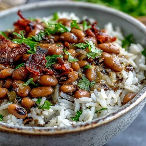 Topf mit Hoppin John, schwärzlichen Augerbsen mit knusprigem Speck und Reis, auf rustikalem Holztisch platziert, umrahmt von frischen Lauchzwiebeln und einer Schüssel scharfer Sauce.