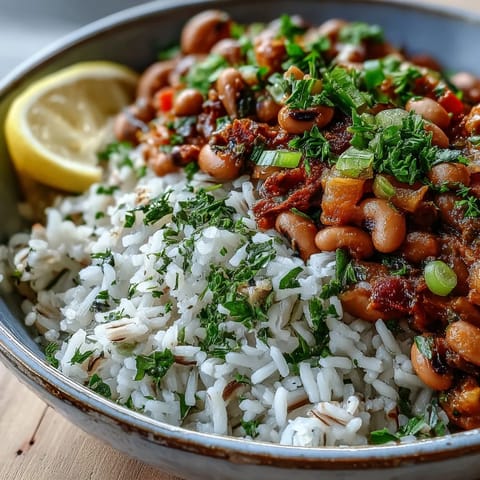 Close-up of Vegetarian Hoppin John with black-eyed peas, bell peppers, and herbs over fluffy rice, garnished with green onions.  