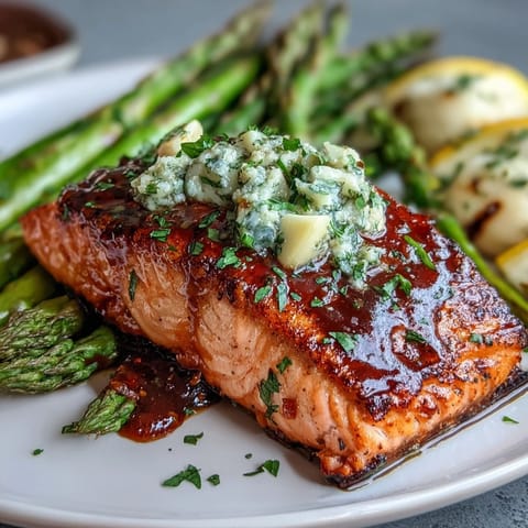Ein goldener Lachs mit knusprigem Spargel in duftender Knoblauchbutter, perfekt für ein festliches Abendessen.