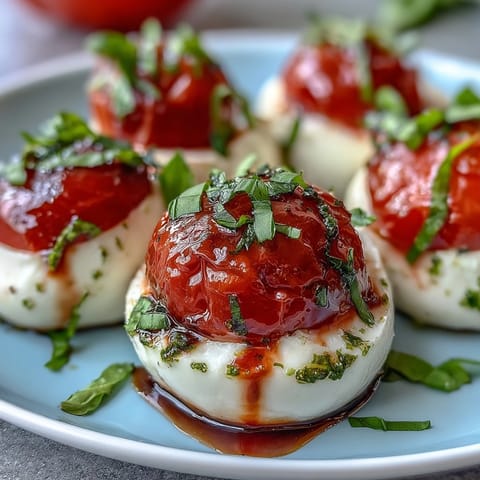 1. Frische Caprese-Spieße mit Basilikum-Mozzarella und Kirschtomaten, verfeinert mit hausgemachtem Pesto-Drizzle.
