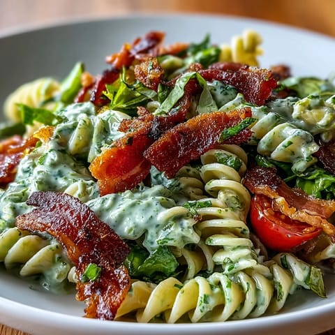 Ein farbenfroher Sommersalat mit Pasta, knusprigem Speck, saftigen Tomaten, frischem Salat und cremigem Avocado-Ranch-Dressing – perfekt für Picknicks.