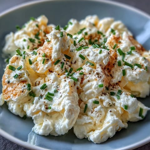 Herrlich cremige Protein-Cottage-Cheese-Rühreier, ein sättigendes Frühstück, das schnell zubereitet ist.