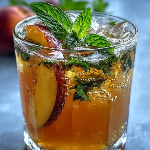 Erfrischendes Iced Peach Green Tea Lemonade mit saftigen Pfirsichscheiben und Minze.
