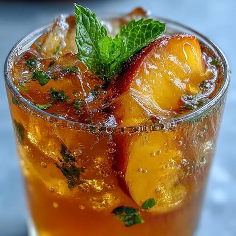 Sonnige Iced Peach Green Tea Lemonade, perfekt für heiße Sommertage serviert.