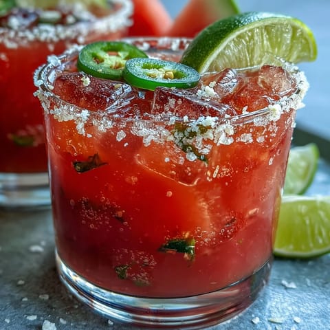 Gekühlter, würziger Wassermelonen-Jalapeño-Mocktail mit Salzrand, ideal für Partys.
