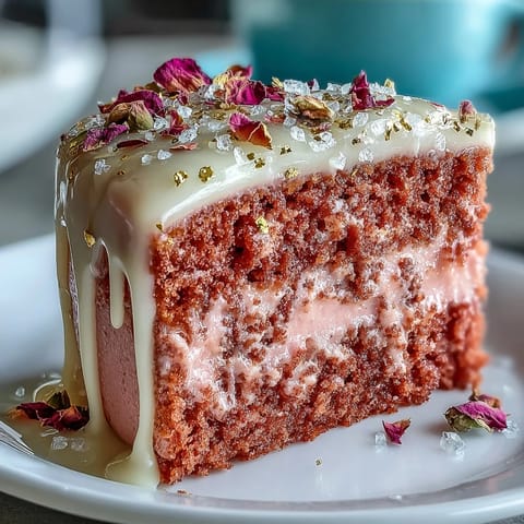 2. Stunning pink velvet cake infused with rosé wine, topped with edible gold accents and delicate frosting.
