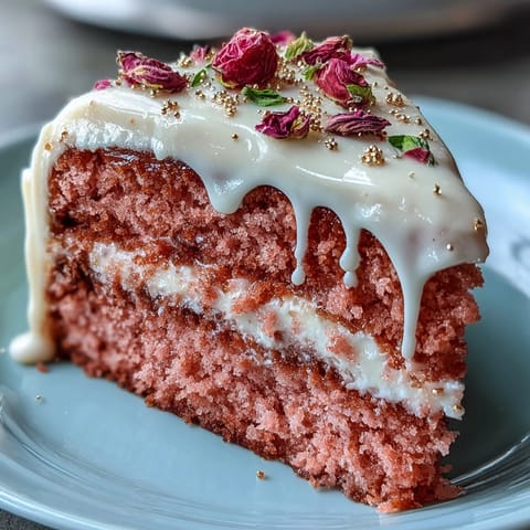 Rosé-Velvet-Kuchen mit goldener Glasur: Eleganter rosa Kuchen mit cremiger Frischkäse-Decke und funkelndem Gold-Drip für festliche Anlässe.  