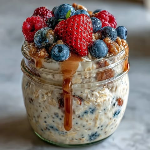 Cremige High Fiber Overnight Oats mit Chia, Leinsamen und Beeren, serviert zum Frühstück.