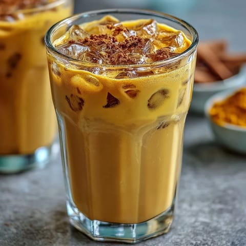 Erfrischendes Kurkuma Golden Milk Eiskaffee mit cremigem Schaum und wärmenden Gewürzen.