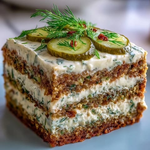 Herzhafter Pickle Cake mit cremiger Dillglasur, bereit zum Genießen.