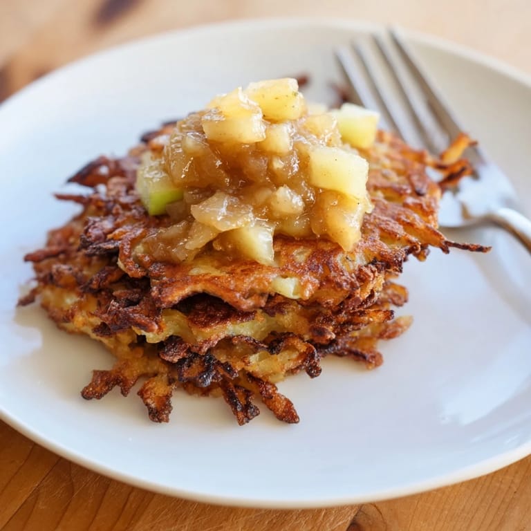 Knusprige Kartoffelpuffer, ideal für jeden Anlass, begleitet von frischer Apfelmus.