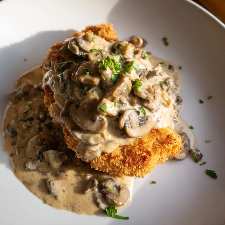 A close-up of hearty Jaeger Schnitzel, smothered in mushroom gravy, ready to be enjoyed.