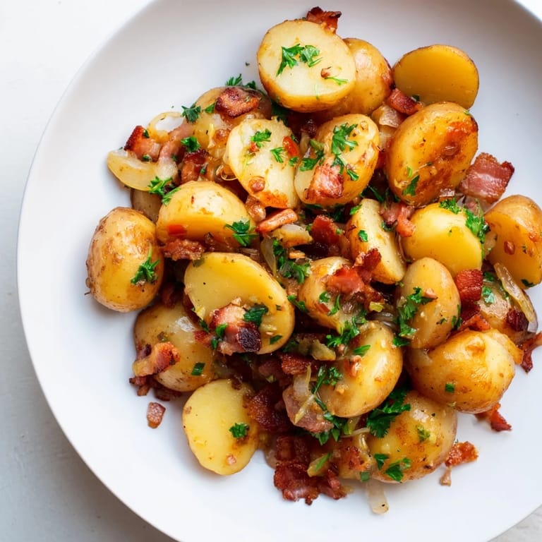 A close-up of Warm German Potato Salad: showing sliced potatoes, crispy bacon, and fresh parsley garnish.
