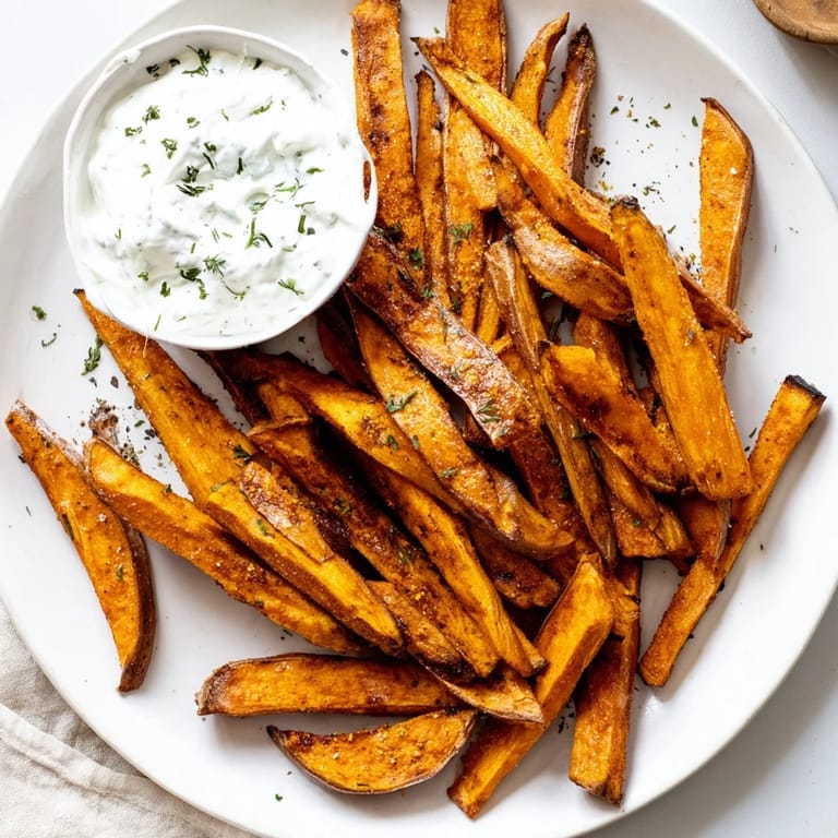 Golden, perfectly baked sweet potato fries, ready to dip into fresh herbed yogurt for a delicious side.