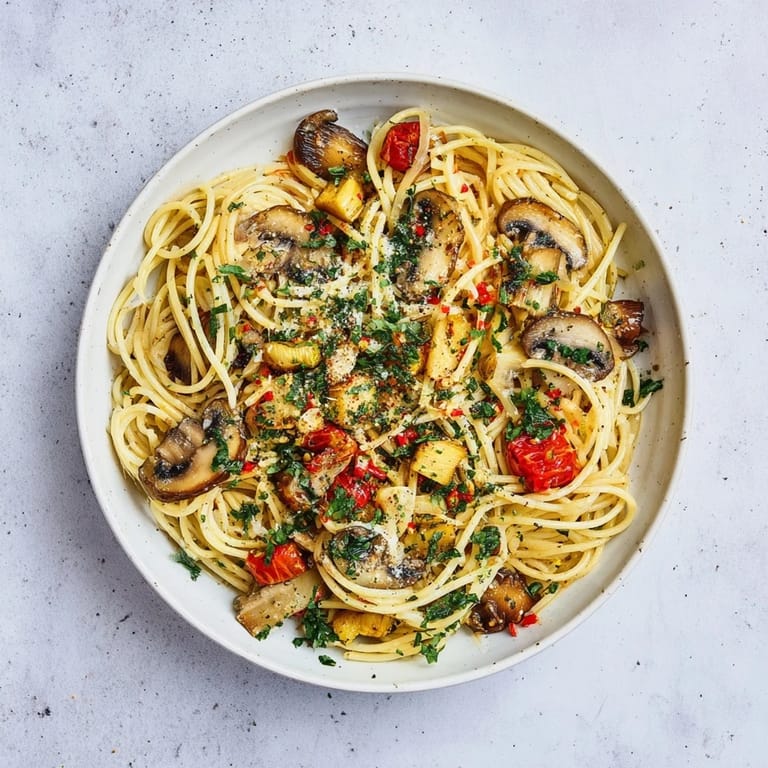 Golden garlic and mushrooms mingle with pasta in this delicious Pasta Aglio e Olio.