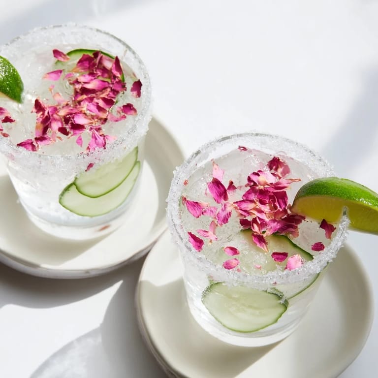 Refreshing Gewürzgurken Margarita, garnished with rose petals and cucumber, a vibrant cocktail to enjoy with friends.