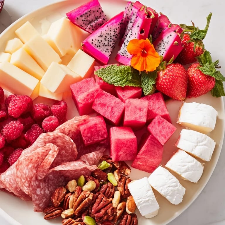 Beautiful Flamingo Paradise Board appetizer, showcasing fruits and cheeses perfect for a brunch spread.